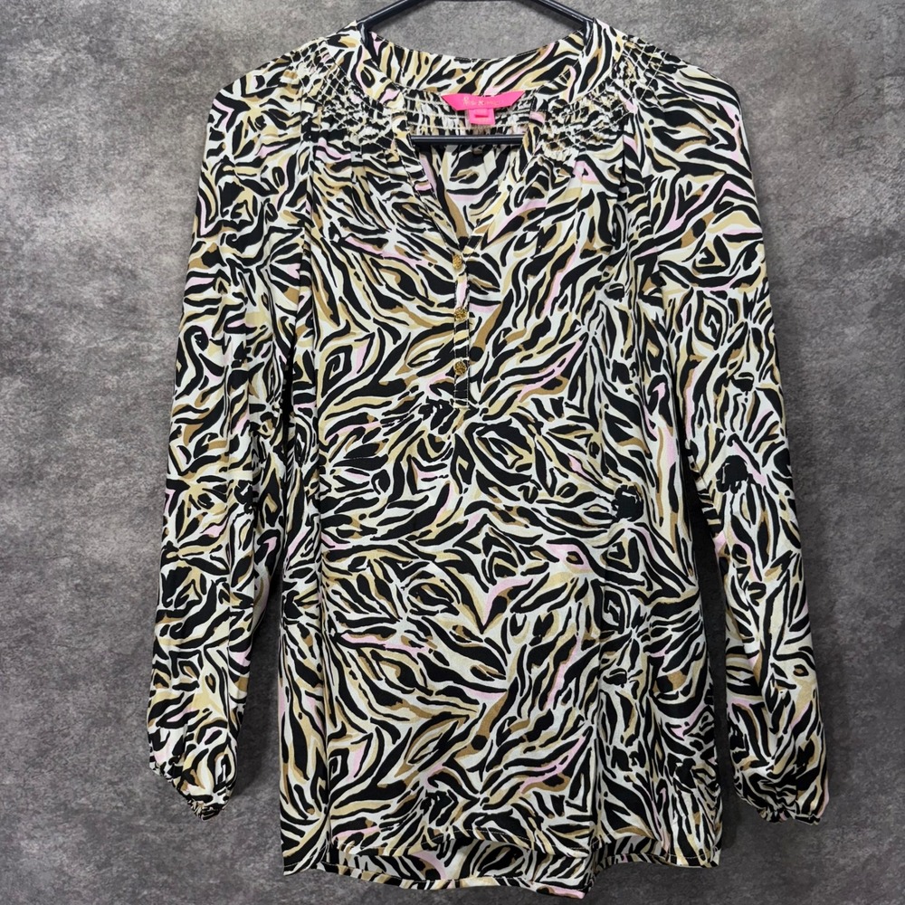 Lilly Pulitzer Elsa Blouse Size XXS 100% Silk Zebra Animal Print Pink Black